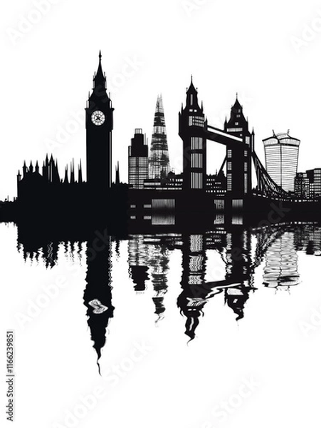 Fototapeta Simplified black and white city silhouette of London with symbolized Big Ben, Tower Bridge, Shard and buildings reflected in water, creating serene visual effect. White background, copy space, 9:16