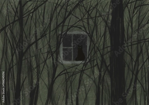 Fototapeta Black cat with bright green eyes sits in a dark window. Thickets of trees, branches, night, winter. Mystical illustration for postcard
