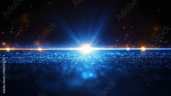Obraz Bright blue light beams radiate from center creating starburst effect. Dark background with glowing sparkles. Abstract design with optical illusion of light rays shining. Futuristic, magical cosmic
