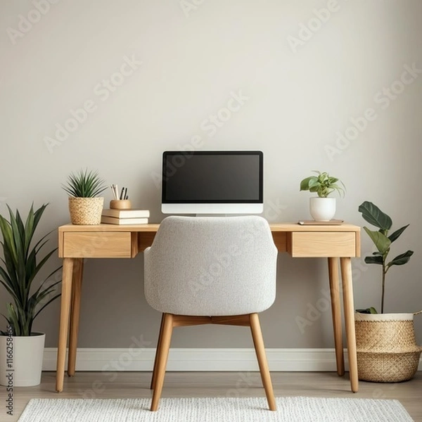 Fototapeta Compact workspace with neutral tones, handcrafted wooden furniture, and calming accents, minimalist home office, eco-conscious and stylish