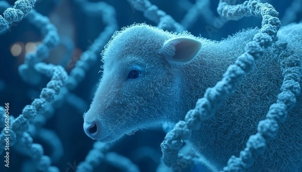 Fototapeta 3D rendered visualization prions and protein mutations, representing biotechnological advances in studying diseases like Mad Cow. Features a blue background.