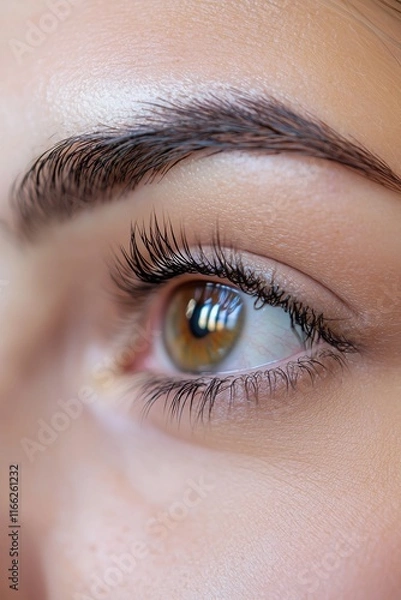 Fototapeta A womana eyelashes, highlighting the before-and-after results lash lifting and lamination.