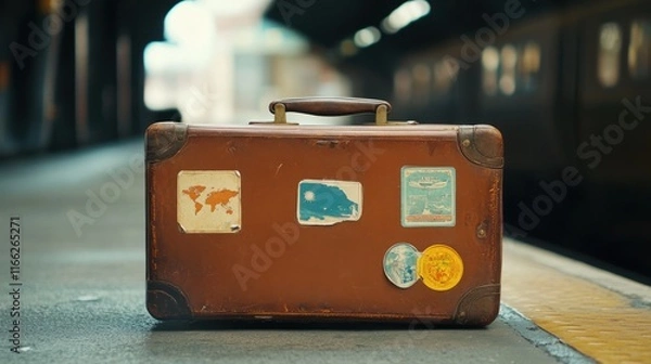 Fototapeta A vintage suitcase adorned with travel stickers, resting on a train platform.