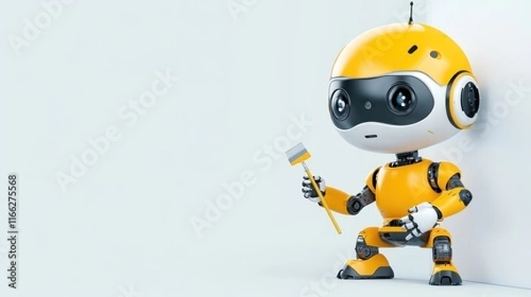 Fototapeta A cute yellow robot holding a paintbrush, ready to paint.