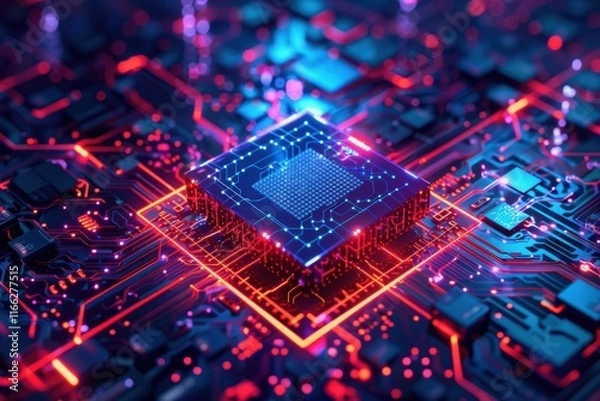 Fototapeta A close-up of a computer chip on a circuit board with vibrant colors.
