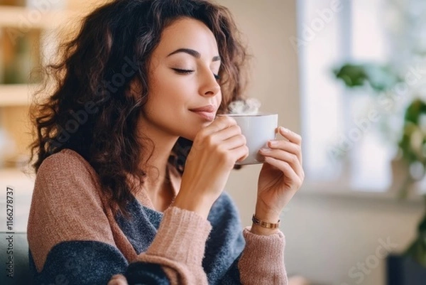 Obraz Morning tranquility is savored as a woman enjoys her warm beverage in a cozy, sunlit setting reflecting a serene atmosphere