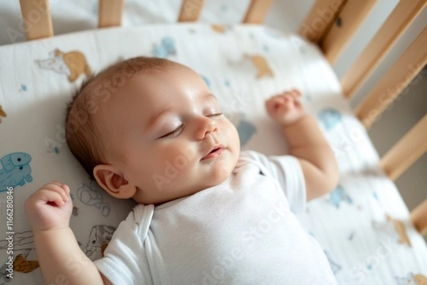 Obraz Peaceful moment of a baby sleeping in a cozy crib surrounded by soft toys in a serene nursery