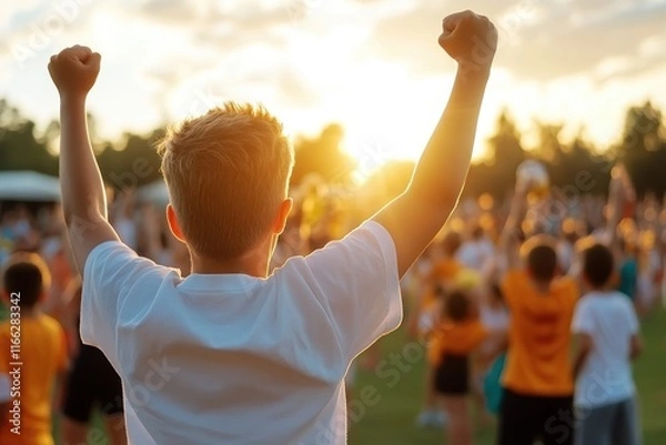 Obraz Joyful celebration of victory at a youth sports event during sunset in a vibrant atmosphere