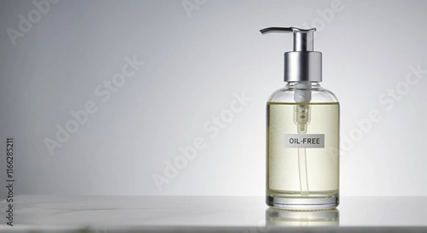Fototapeta Pump bottle oil-free liquid in glass container with silver pump and label
