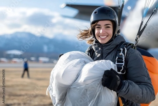 Fototapeta Excitement fills the air as a smiling skydiver prepares for an exhilarating jump at the mountain airstrip under a clear blue sky