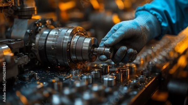 Fototapeta Precision Engineering: A Close-Up of a Machinist's Hand Carefully Handling a Newly Machined Part on a High-Tech CNC Machine