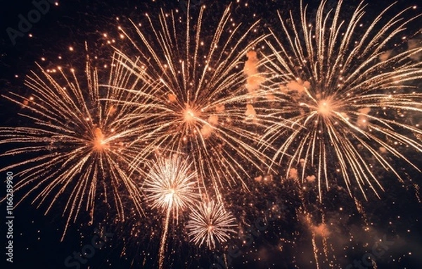 Fototapeta Vibrant and Colorful Fireworks Bursting in Night Sky Celebrating a Festive Event with Bright Lights, Sparkles, and Explosive Patterns for Celebration Themes