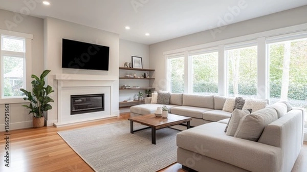 Obraz Modern Living Room Design with Neutral Tones and Cozy Atmosphere Featuring Stylish Furniture and Decor