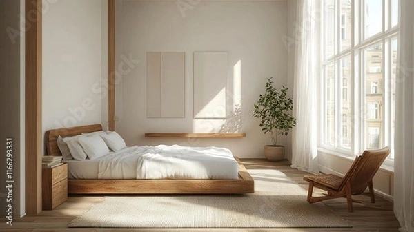 Fototapeta Minimalist bedroom with natural light, clean white linens, wooden furniture, soft textures, large windows, and a serene vibe
