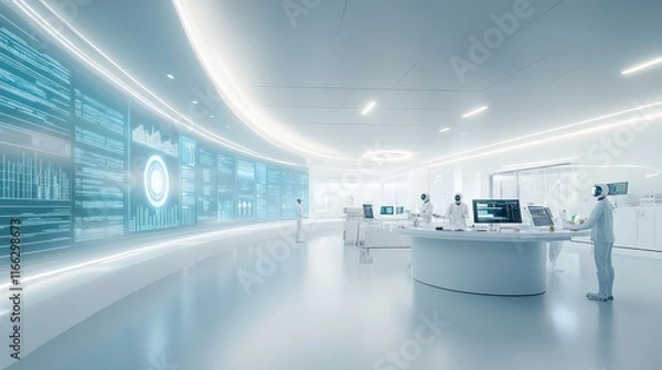 Fototapeta Futuristic laboratory with advanced technology and researchers engaged in scientific work.