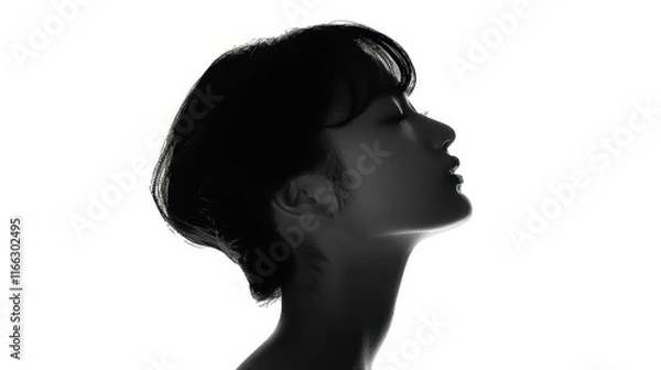 Obraz Elegant silhouette of an Asian woman against a white backdrop. Capturing beauty in profile with striking simplicity.