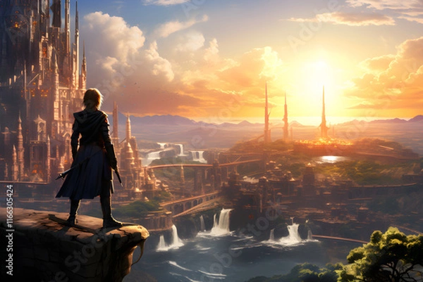 Fototapeta Magical Dusk over the Fabled City - A Serene Scene from Final Fantasy