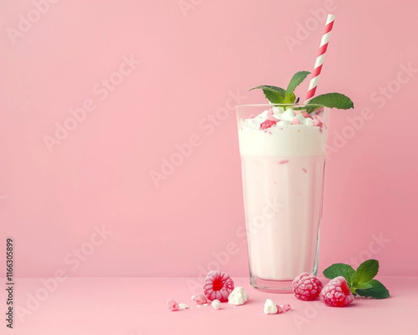 Obraz Refreshing Raspberry Milkshake with Mint Garnish in a Tall Glass on Pink Background