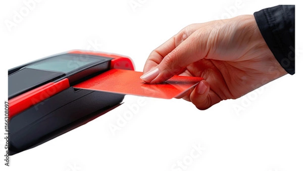 Fototapeta Hand hold bank card near pay terminal isolated on white background . Contactless payment, paypass.