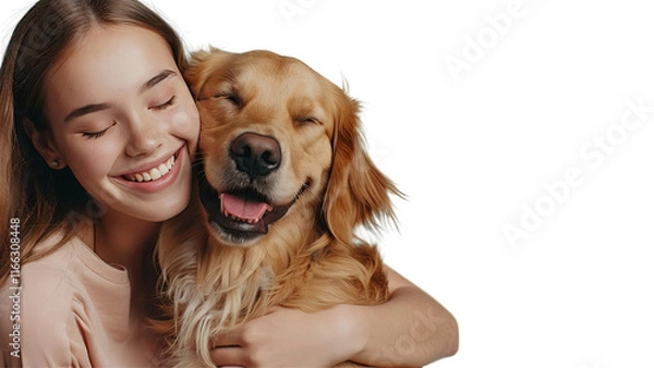 Fototapeta A woman is hugging a golden retriever. The dog is looking up at her with its eyes closed