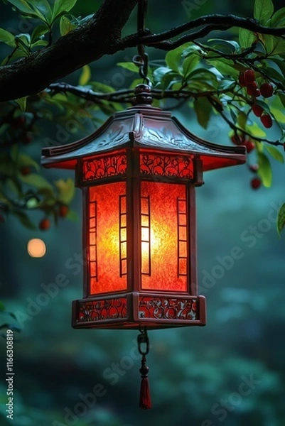 Fototapeta Serene Garden Lantern: Illuminated Asian-Style Lamp Hanging from a Tree Branch at Dusk