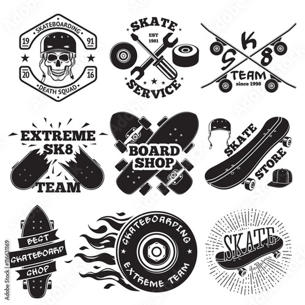Fototapeta Set of skateboarding labels - skull in helmet, repair, skate team, board shop, etc. Vector