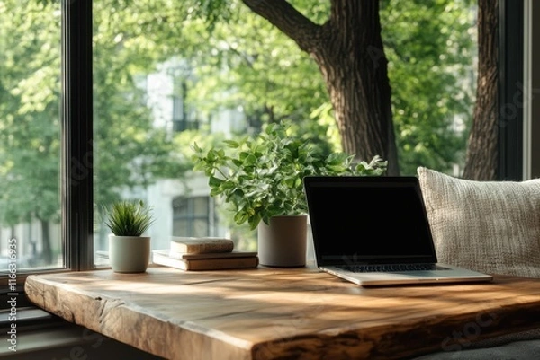 Obraz Cozy workspace by the window with greenery and natural light enhancing productivity and creativity