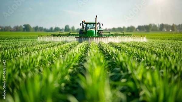 Fototapeta Tractor spraying crops in a lush green field