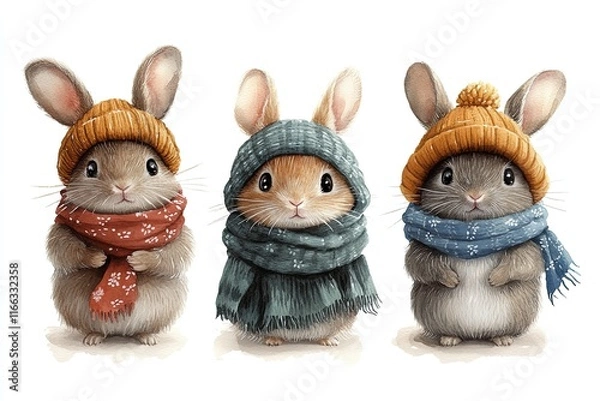 Fototapeta Three adorable rabbits wearing colorful hats and scarves, ready for winter.