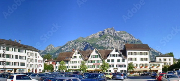 Fototapeta Glarus is the capital of the canton of Glarus in Switzerland, Glarus lies on the foot of the Glärnisch (part of the Schwyzer Alps)