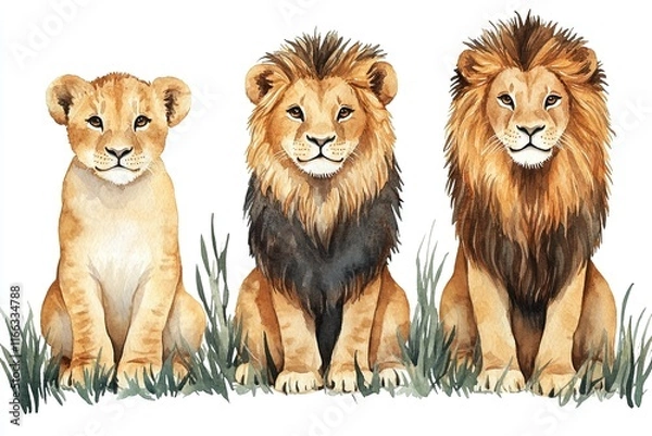 Fototapeta Three lions, including a cub, depicted in a watercolor style.
