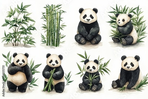 Fototapeta Cute illustrations of pandas interacting with bamboo in various poses.