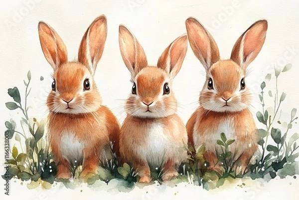 Fototapeta Three cute rabbits sitting in grass with greenery around them.