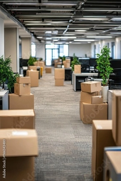 Fototapeta An office space filled with cardboard boxes and indoor plants.