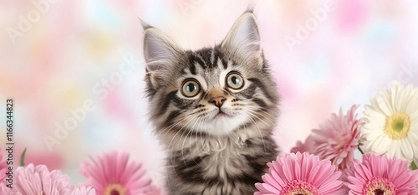 Fototapeta A cute kitten surrounded by colorful flowers, exuding charm and joy.