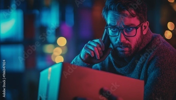 Obraz Frustrated Man Arguing with a Customer Service Representative Over the Phone in a Modern Office Setting