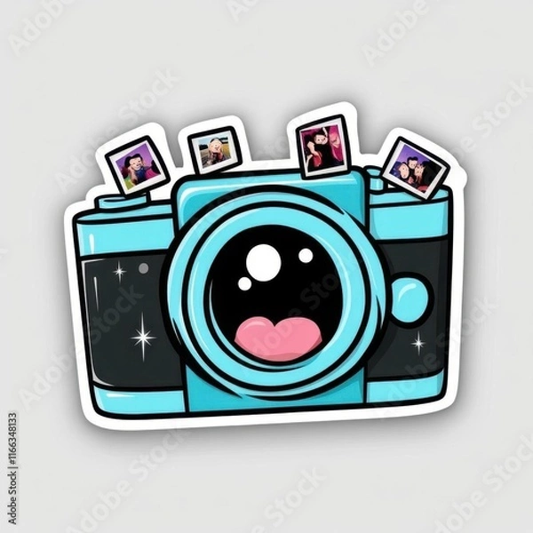 Fototapeta A cartoon-style camera illustration with playful elements and photos.
