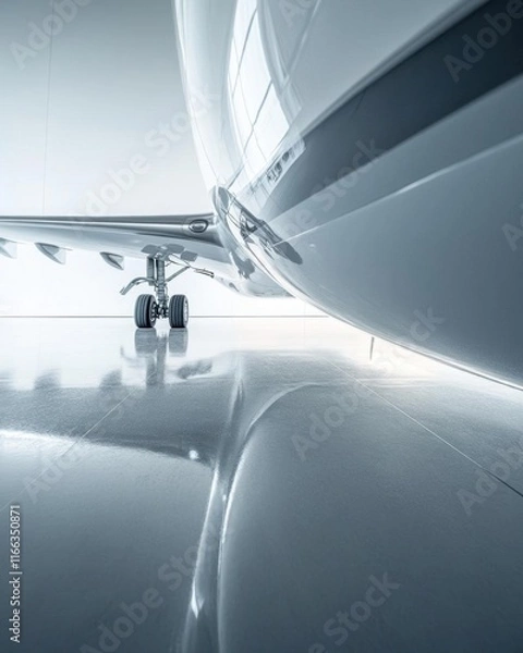 Fototapeta A close-up view of an aircraft on a polished floor in a hangar.