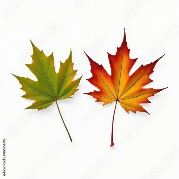 Fototapeta Autumn Transitions:  Two maple leaves, one green and one transitioning to vibrant red and yellow, showcasing the beauty of nature's seasonal change. 