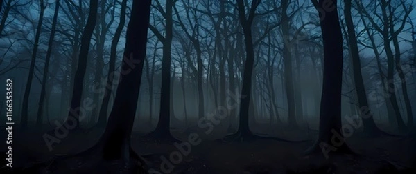 Obraz A spooky forest scene at twilight with twisted trees casting long shadows and an ominous fog creeping in. Extremely detailed high resolution illustration.