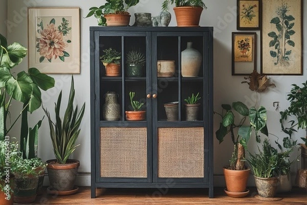 Fototapeta Sleek black cabinet with rattan doors on wooden floor, surrounded by home decor items like vases, plants, and artwork, in a photorealistic style.