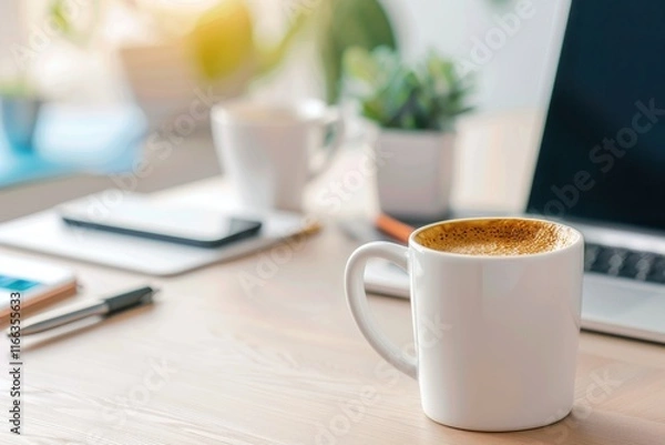 Fototapeta A cozy workspace featuring a cup of coffee, laptop, and greenery, ideal for productivity and relaxation.