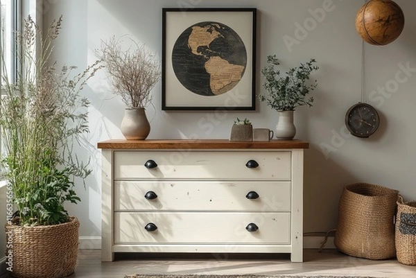 Fototapeta Product photography of a white chest with three drawers, oak top, black metal handles, Scandinavian style interior with natural light and art print on the wall.