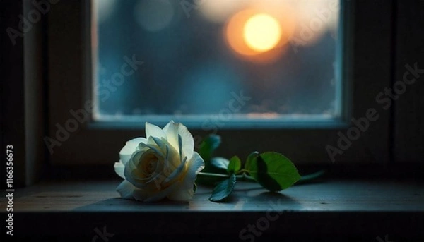 Obraz A single white rose in full bloom placed on a wooden windowsill, with sunlight streaming through the window, creating soft, blurred highlights in the background.
