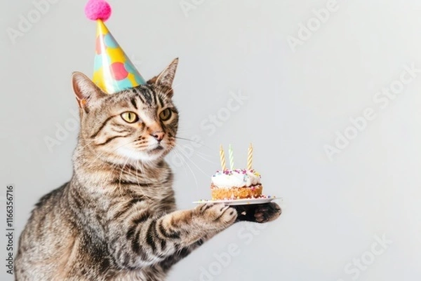 Fototapeta A humorous cat wearing a party hat and holding a happy birthday cake is isolated on a white backdrop.
