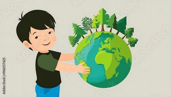 Obraz Happy Child Embracing Earth with Trees, Symbolizing Environmental Awareness and Love for Nature in a Colorful Cartoon Style Illustration