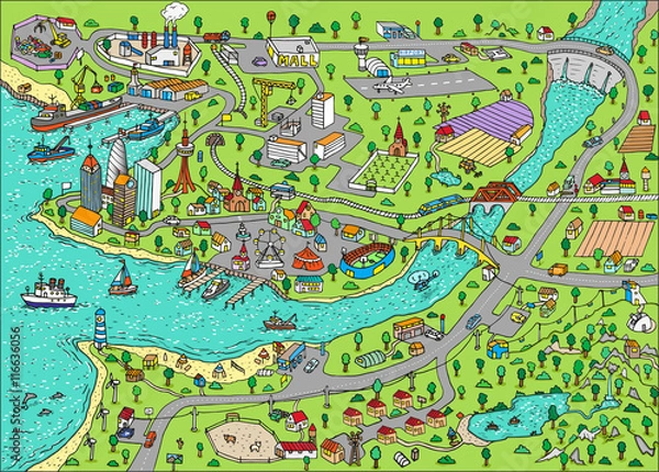 Obraz Miasto bazgrołów. Mapa narysowana ręcznie. Wektor. Odosobniony.