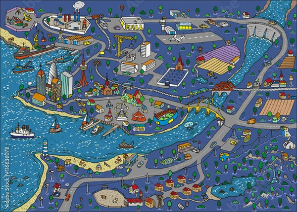 Obraz Doodle town at night. Map. Isolated.