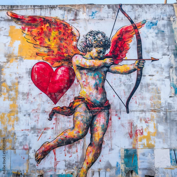 Fototapeta cupid shooting an arrow on a brick wall, Valentine's Day graffiti.