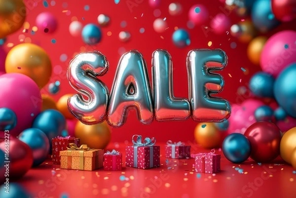 Fototapeta 3D "SALE" text in silver and gold, floating against a red background with birthday balloons and gift boxes, in a photorealistic studio setup.